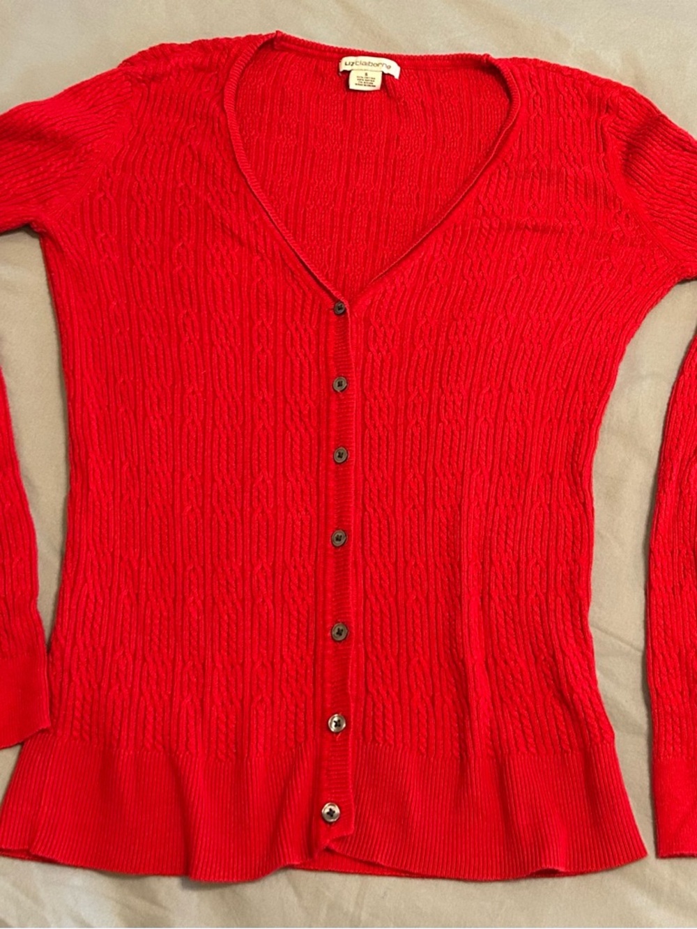 Liz Claiborne Bright Red Cable-Knit V-Neck Button Cardigan